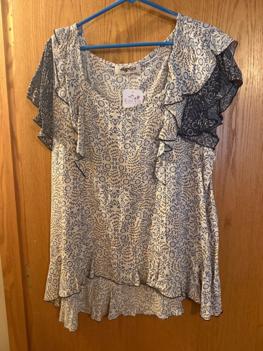 Haptics Blue Floral Ruffle Sleeve Blouse